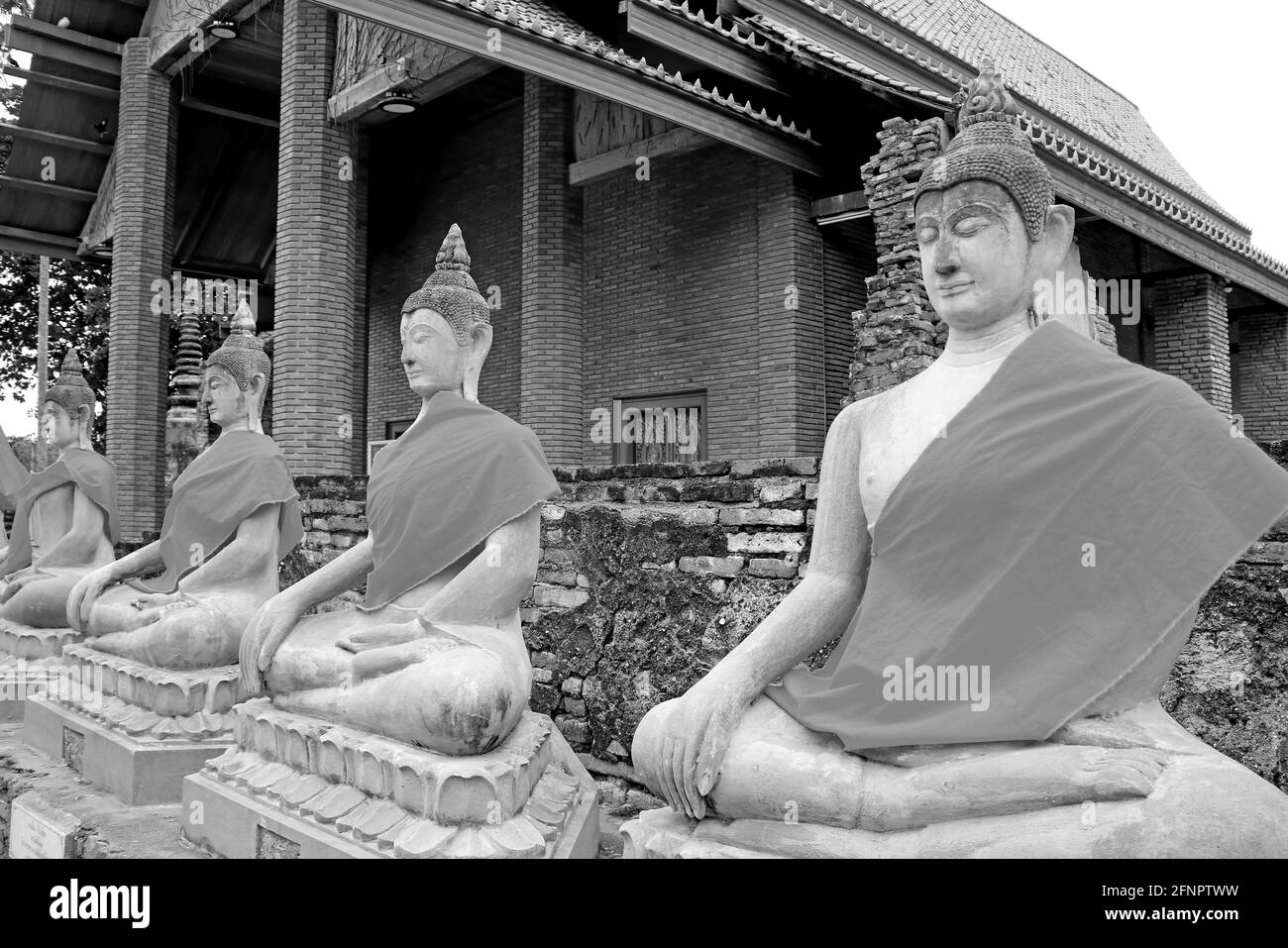 Immagine monocromatica di Row of the Buddha immagini in Wat Yai Chai Tempio di Mongkhon, Ayutthaya, Thailandia Foto Stock
