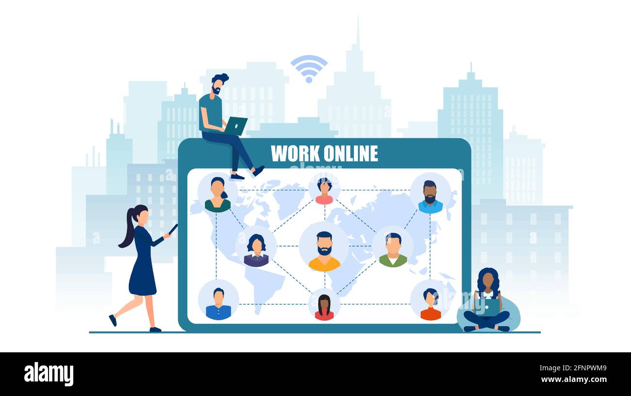 Vettore di persone diverse che utilizzano dispositivi mobili freelancing e networking Illustrazione Vettoriale