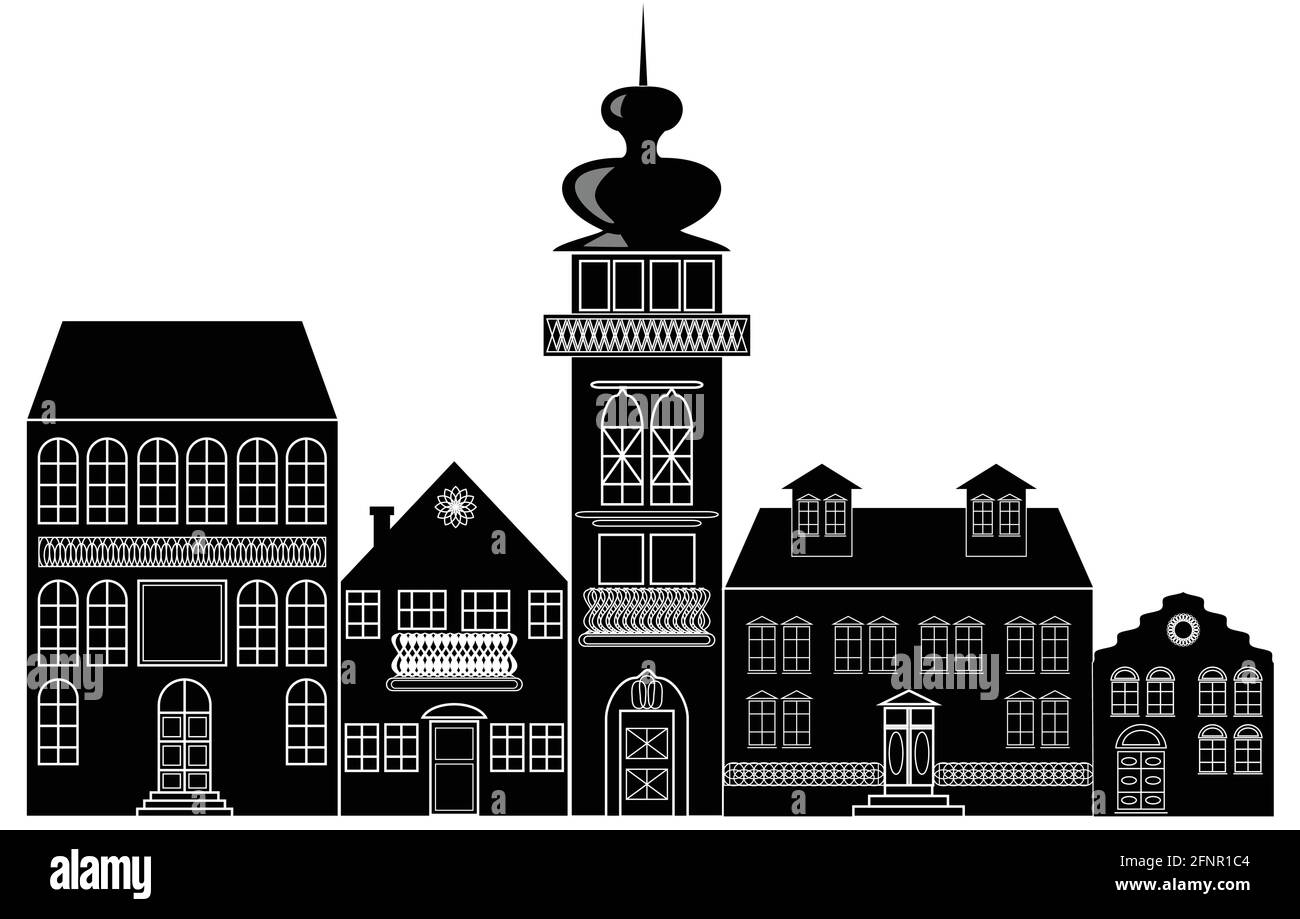 Silhouette bianca e nera della città storica con antico case barocche e torre Illustrazione Vettoriale