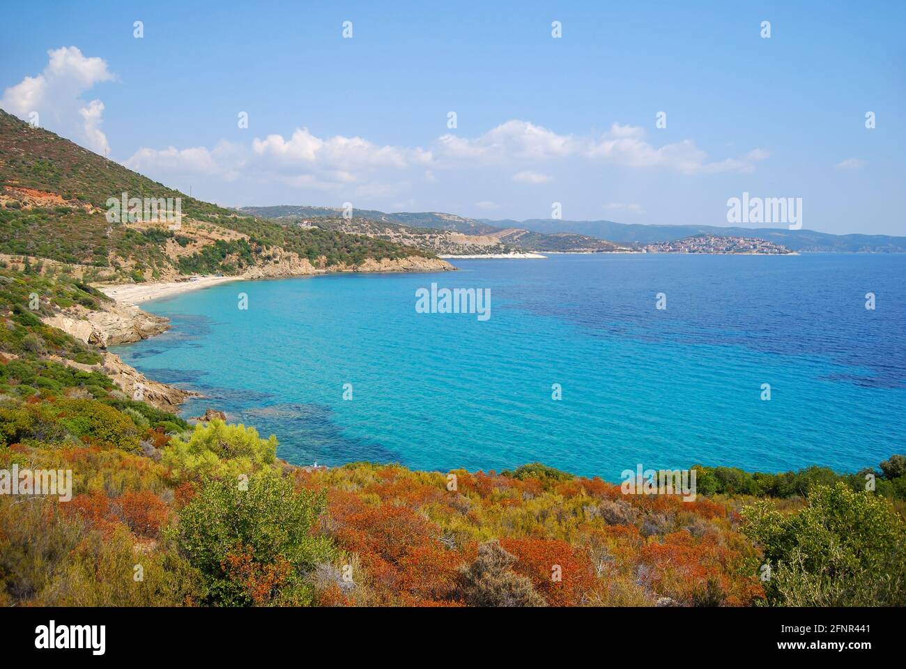 Costa al Cape Arkouda, Golfo di Agion Oros, Calcidica, Macedonia centrale, Grecia Foto Stock