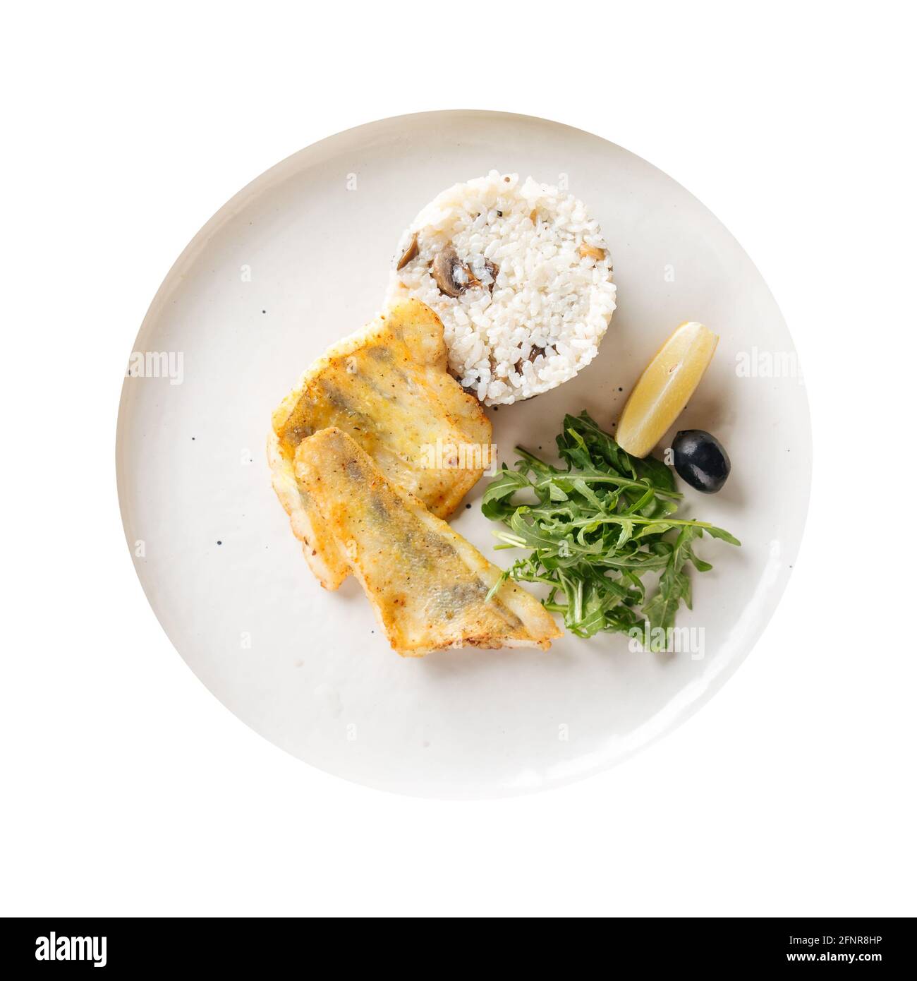 Piatto isolato di filetto di pesce fritto con riso Foto Stock