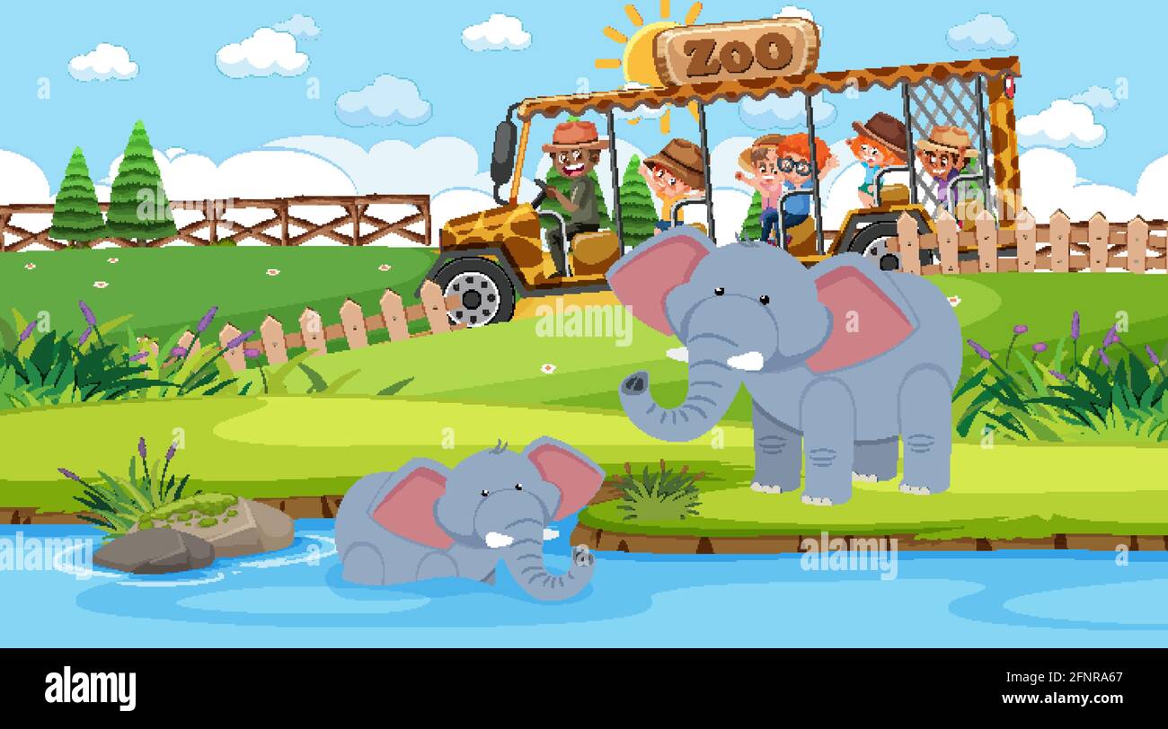 Safari in scena di giorno con molti bambini che guardano l'elefante illustrazione del gruppo Illustrazione Vettoriale