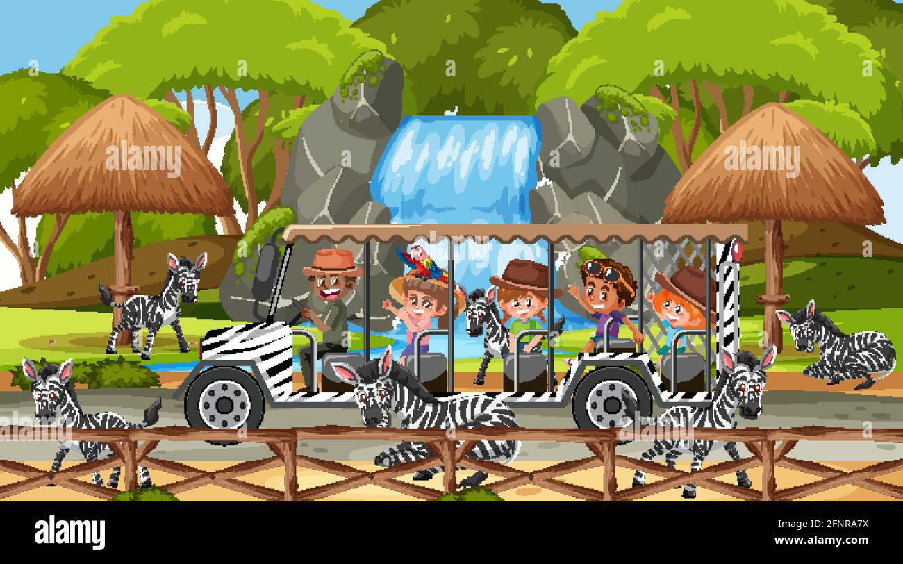 Safari durante il giorno con i bambini che guardano l'illustrazione del gruppo zebra Illustrazione Vettoriale