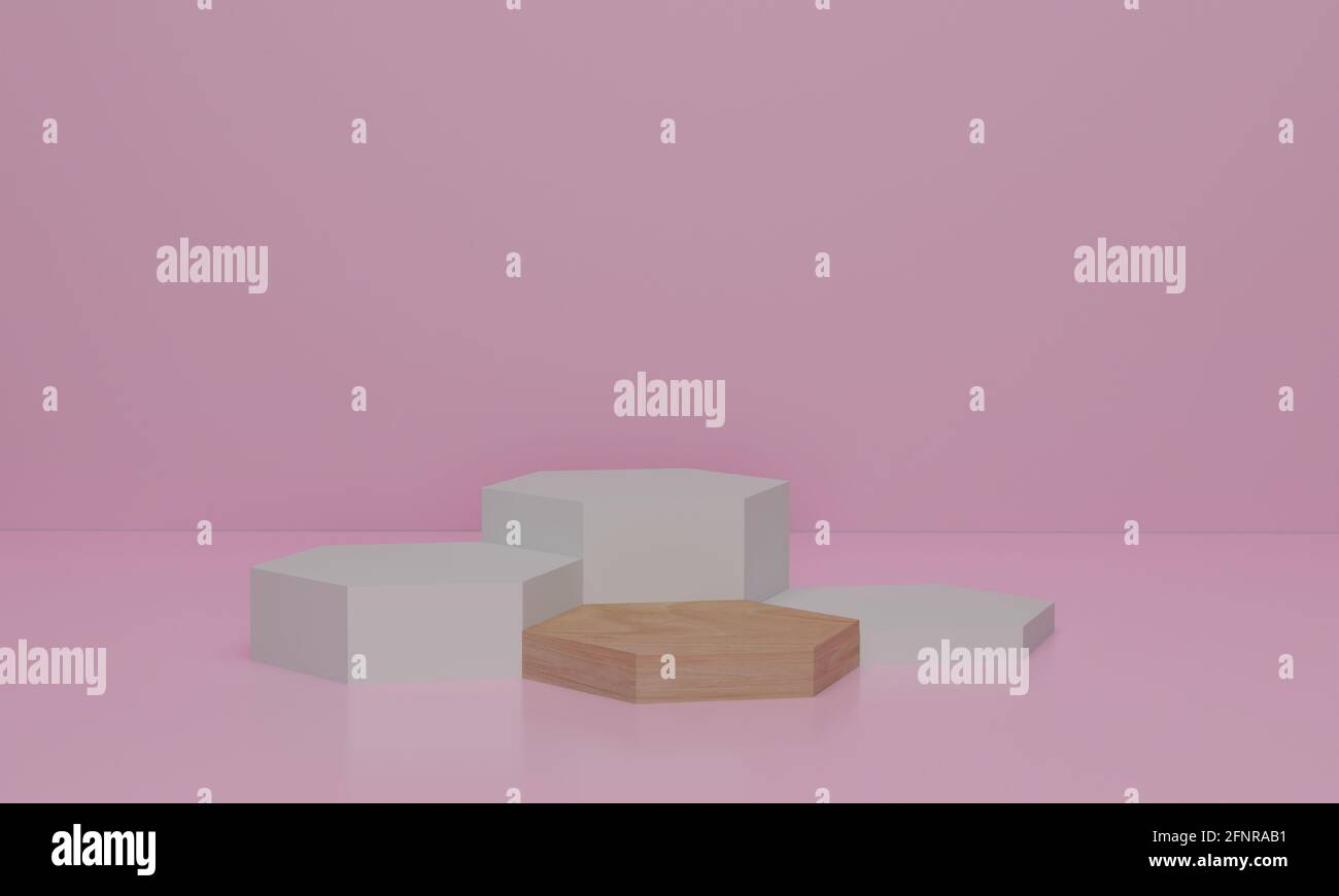 rendering 3d. Scena minima astratta con geometria. Podio esagonale su sfondo di colore rosa. Scenografia per la visualizzazione di prodotti cosmetici. Foto Stock