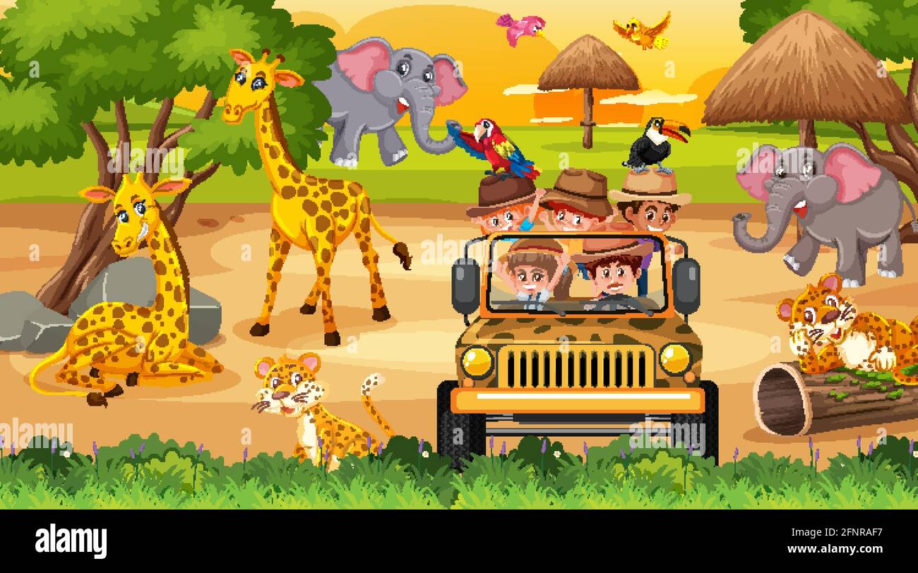 Safari al tramonto con molti bambini che guardano gli animali illustrazione Illustrazione Vettoriale