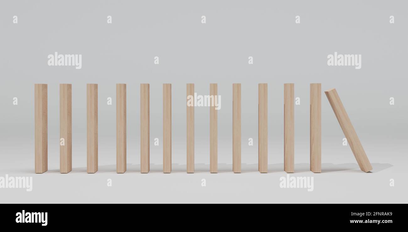 Domino pezzi di legno, il primo inizia, isolato su sfondo bianco. Illustrazione 3D, rendering 3D. Foto Stock