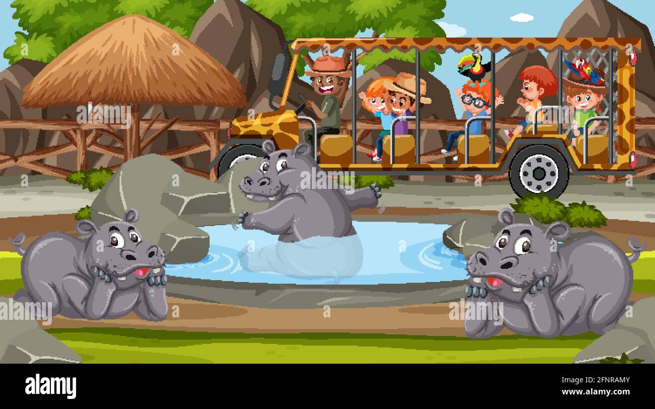 Safari al tramonto con i bambini che guardano l'illustrazione del gruppo hippopotamus Illustrazione Vettoriale