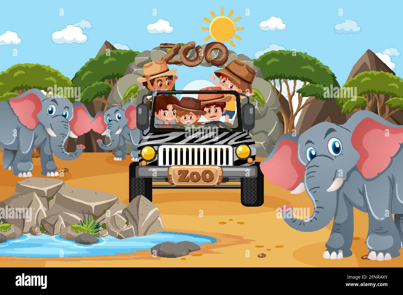 Safari scena con i bambini in auto turistica guardando gruppo di elefanti illustrazione Illustrazione Vettoriale
