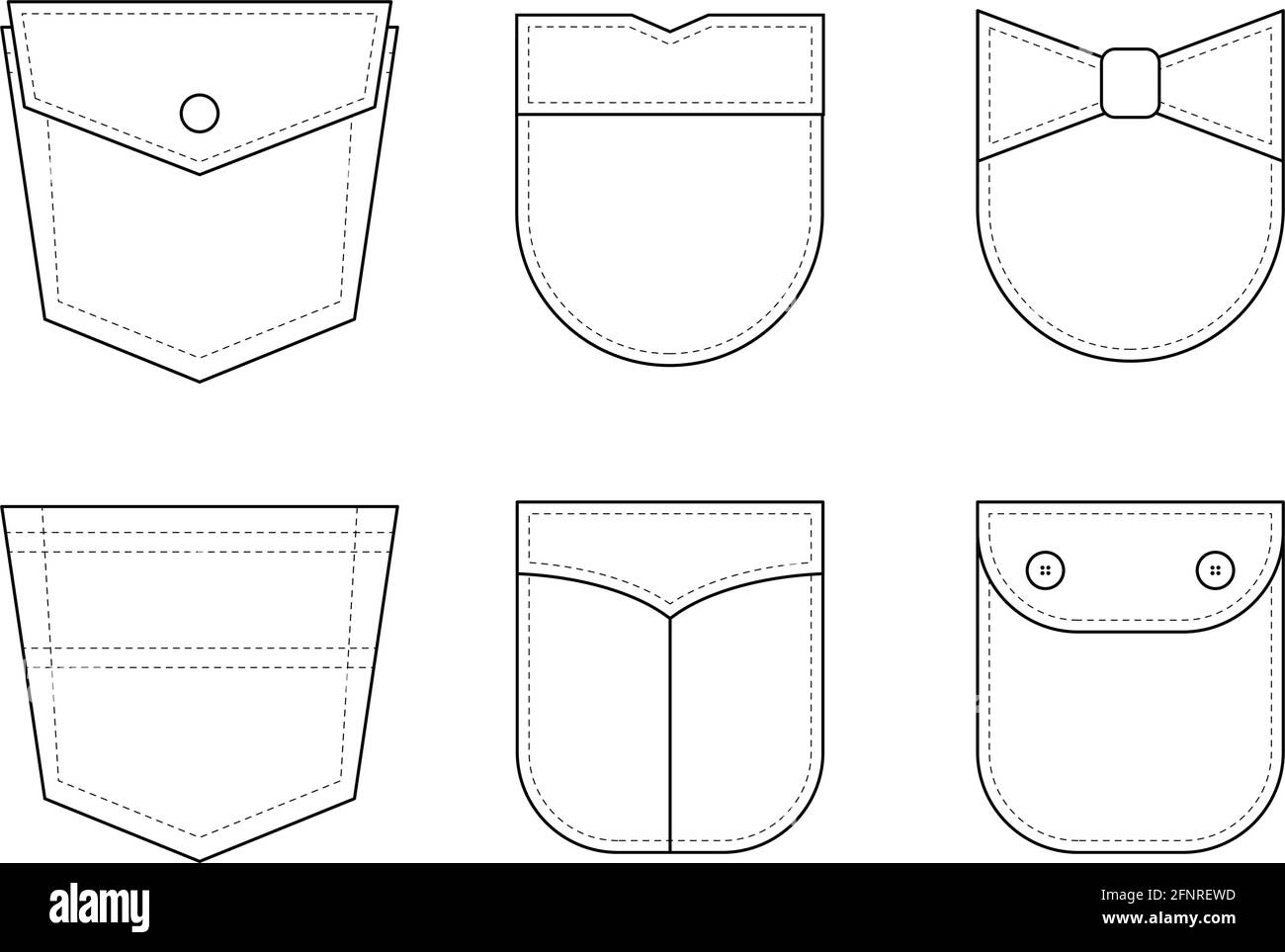 Tasca patch. Set di tasche patch uniformi per abiti, abiti, camicia, jeans casual. Icone isolate. Illustrazione Vettoriale