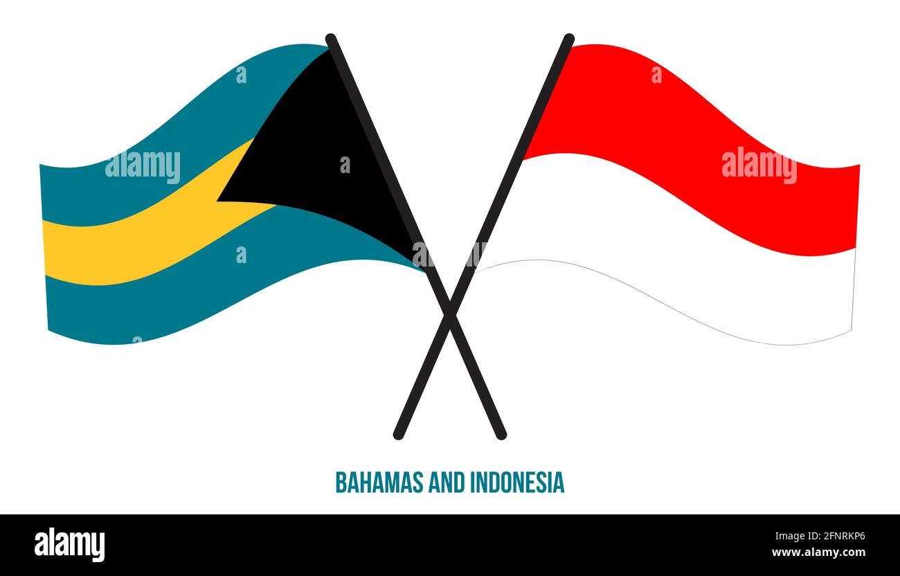 Bahamas e Indonesia Bandiere incrociate e ondulate stile piatto. Proporzione ufficiale. Colori corretti. Illustrazione Vettoriale