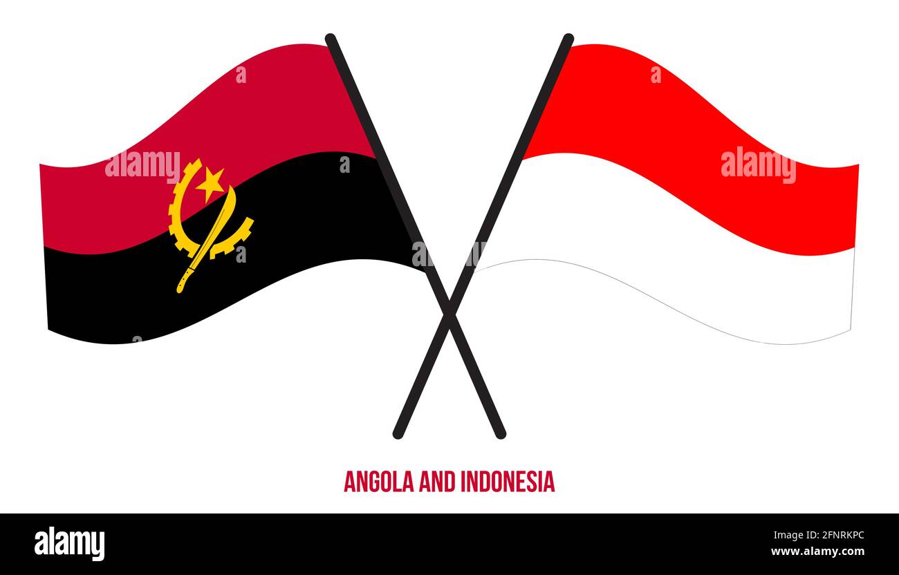 Angola e Indonesia Bandiere incrociate e ondeggianti stile piatto. Proporzione ufficiale. Colori corretti. Illustrazione Vettoriale