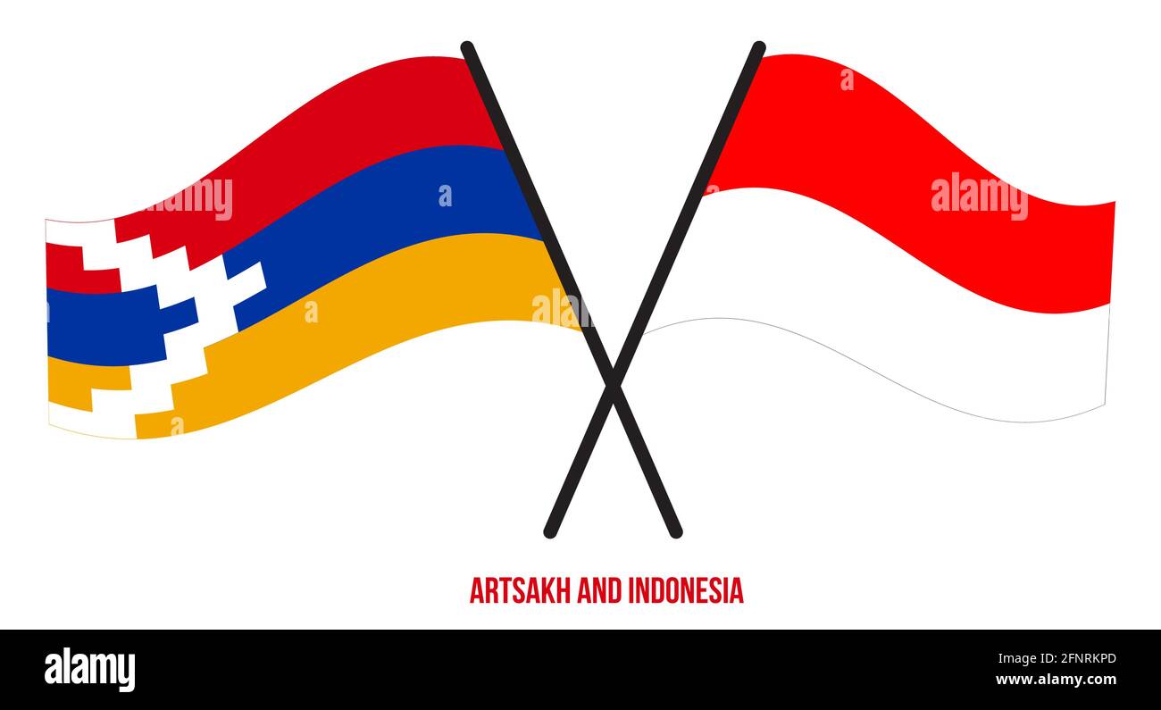 Artsakh e Indonesia Bandiere incrociate e ondeggianti stile piatto. Proporzione ufficiale. Colori corretti. Illustrazione Vettoriale