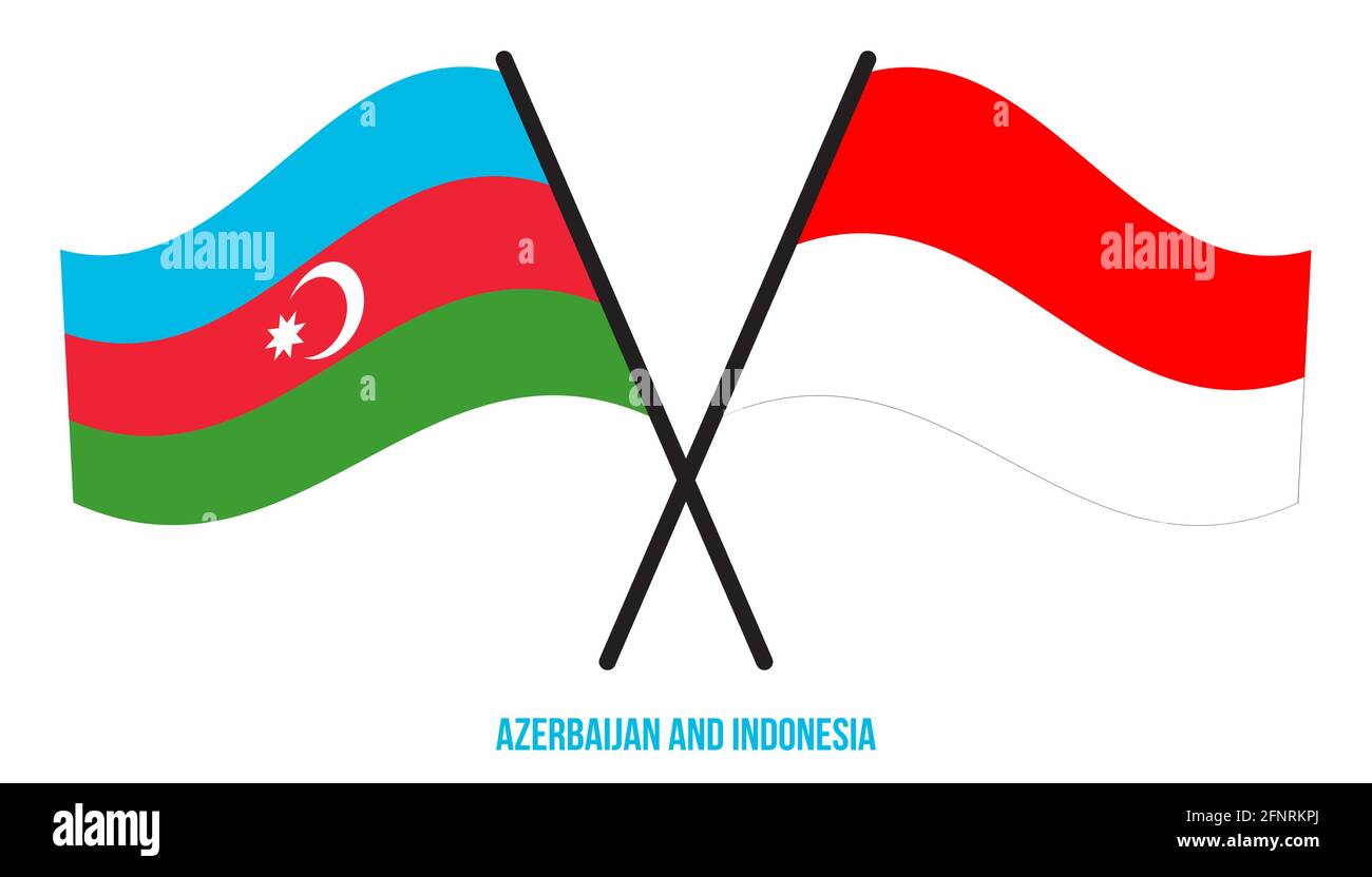Azerbaigian e Indonesia Bandiere incrociate e ondeggianti stile piatto. Proporzione ufficiale. Colori corretti. Illustrazione Vettoriale