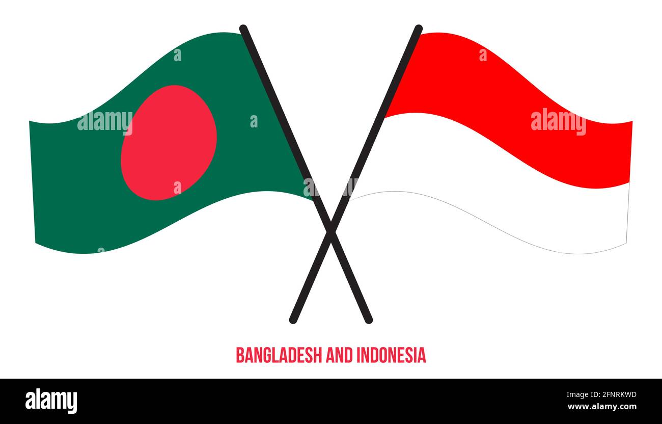Bangladesh e Indonesia Bandiere incrociate e ondeggianti stile piatto. Proporzione ufficiale. Colori corretti. Illustrazione Vettoriale