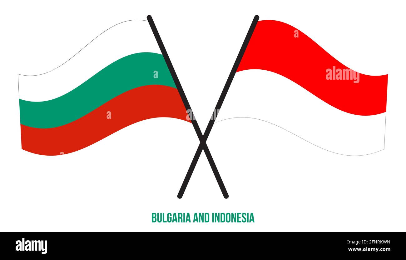 Bulgaria e Indonesia Bandiere incrociate e ondulate stile piatto. Proporzione ufficiale. Colori corretti. Illustrazione Vettoriale