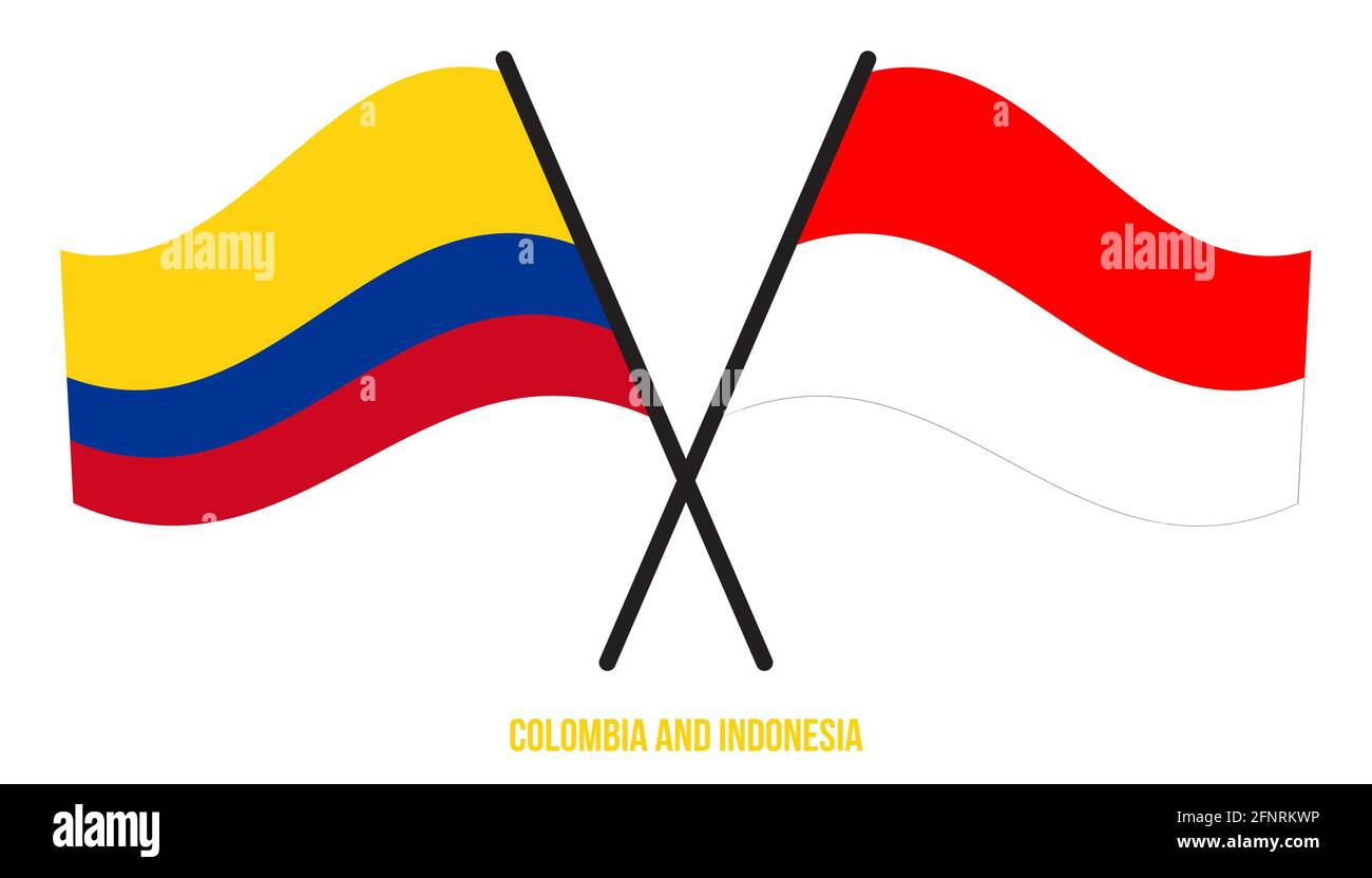 Colombia e Indonesia Bandiere incrociate e ondulate stile piatto. Proporzione ufficiale. Colori corretti. Illustrazione Vettoriale