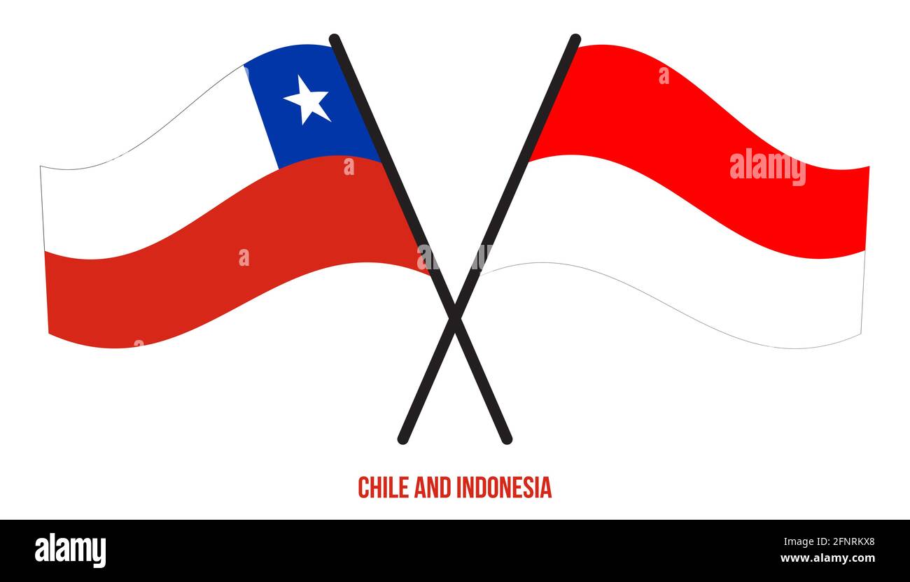 Cile e Indonesia Bandiere incrociate e ondulate stile piatto. Proporzione ufficiale. Colori corretti. Illustrazione Vettoriale