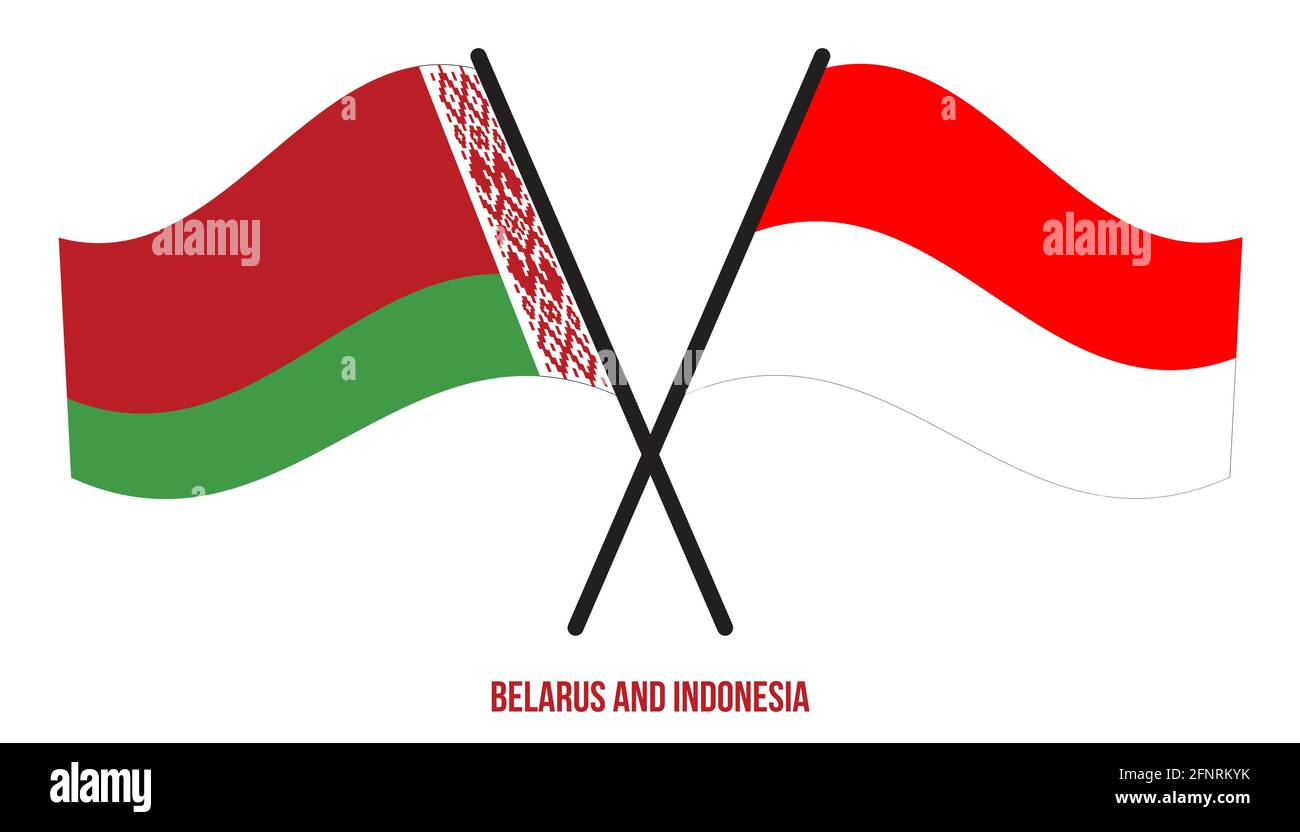 Bielorussia e Indonesia Bandiere incrociate e ondulate stile piatto. Proporzione ufficiale. Colori corretti. Illustrazione Vettoriale