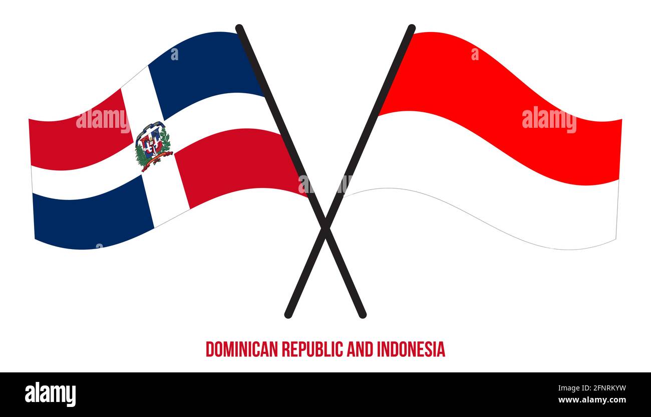 Repubblica Dominicana e Indonesia Bandiere incrociate e ondulate stile piatto. Proporzione ufficiale Illustrazione Vettoriale