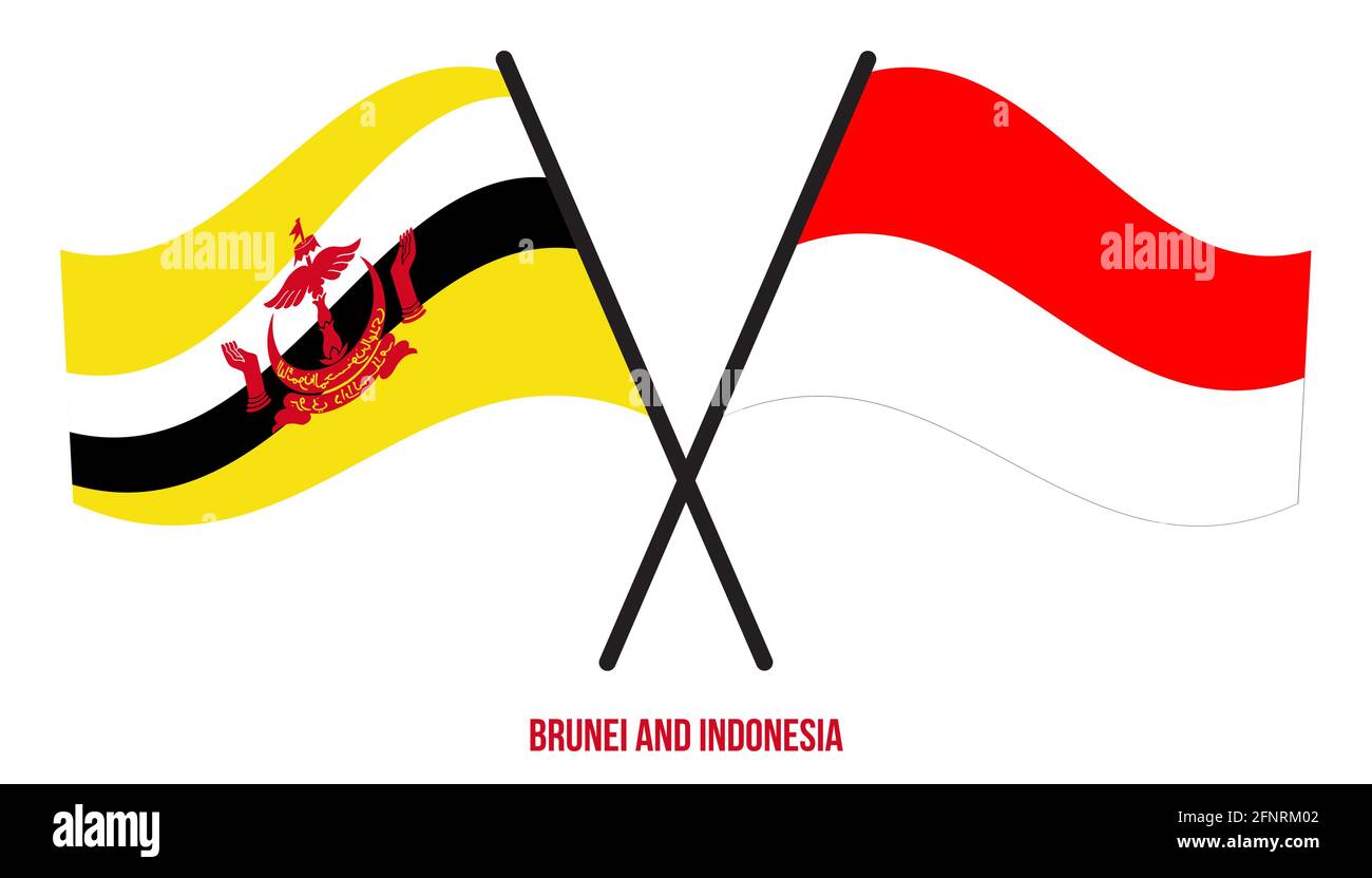 Brunei e Indonesia Bandiere incrociate e ondulate in stile piatto. Proporzione ufficiale. Colori corretti. Illustrazione Vettoriale