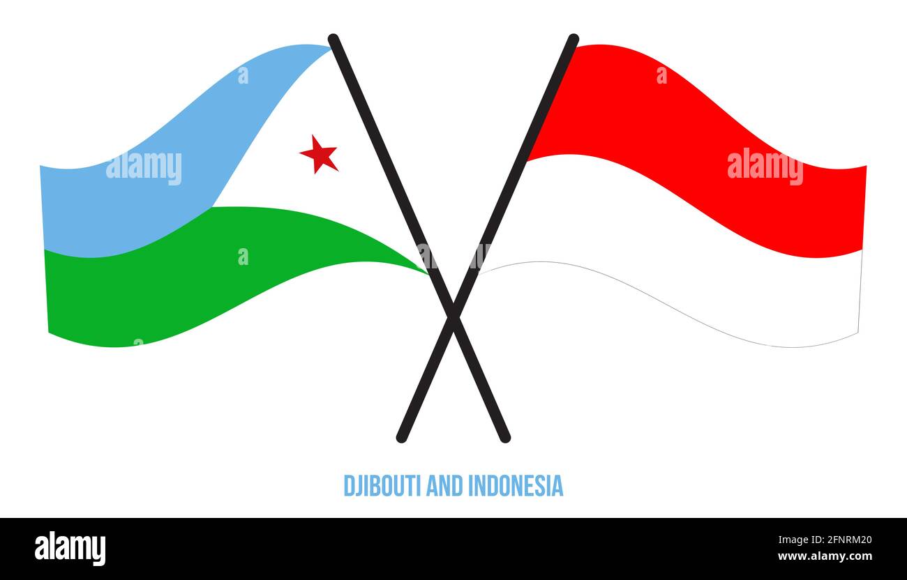 Gibuti e Indonesia Bandiere incrociate e ondulate stile piatto. Proporzione ufficiale. Colori corretti. Illustrazione Vettoriale
