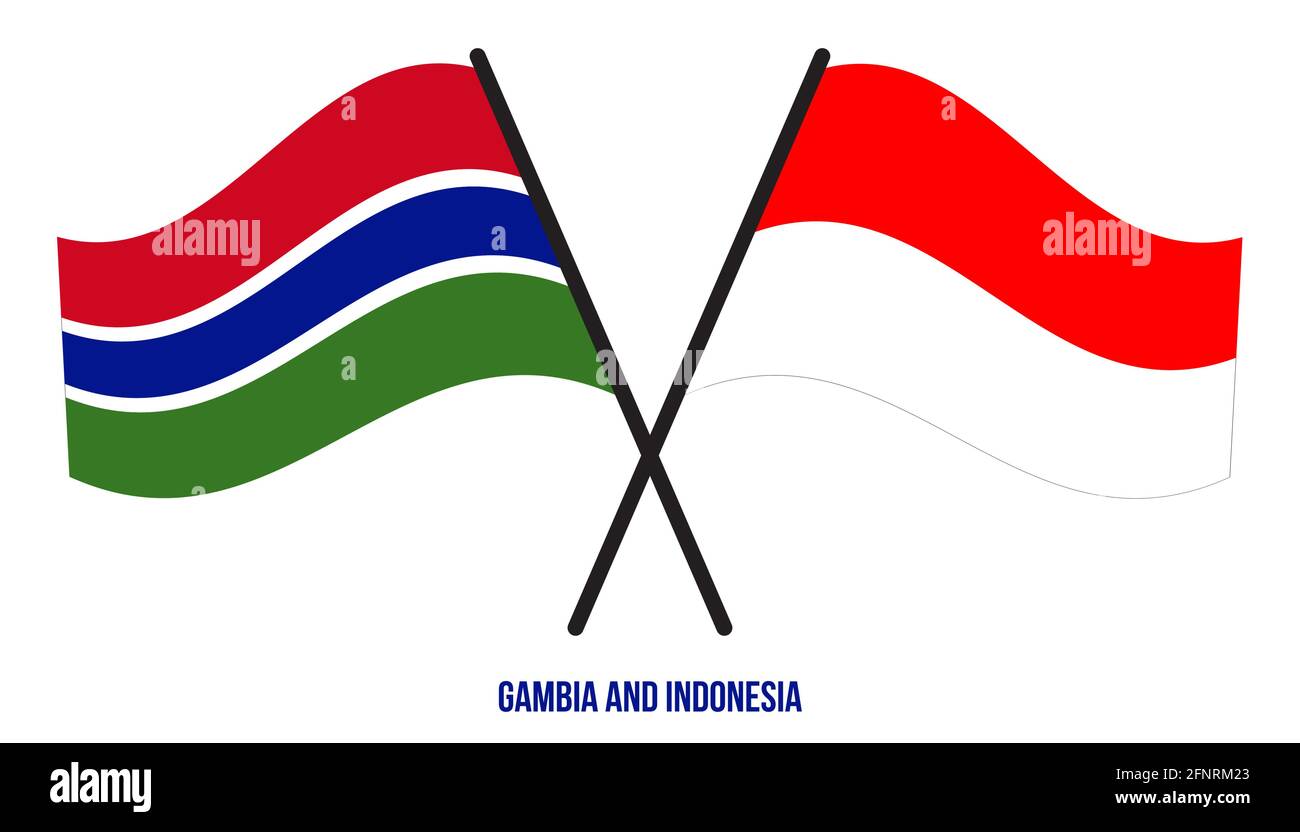 Gambia e Indonesia Bandiere incrociate e ondulate in stile piatto. Proporzione ufficiale. Colori corretti. Illustrazione Vettoriale