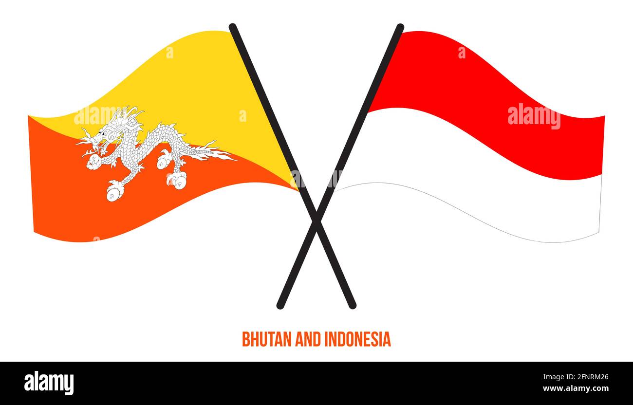 Bhutan e Indonesia Bandiere incrociate e ondulate stile piatto. Proporzione ufficiale. Colori corretti. Illustrazione Vettoriale