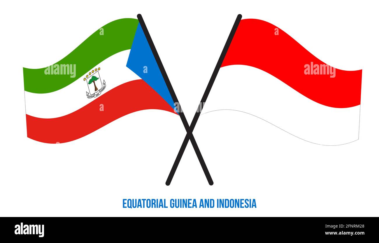 Guinea Equatoriale e Indonesia Bandiere incrociate e ondulate in stile piatto. Proporzione ufficiale. Illustrazione Vettoriale