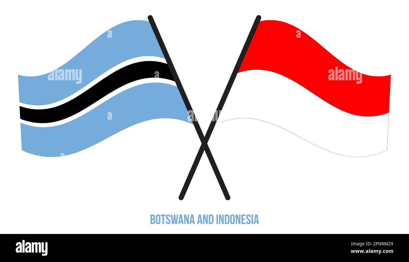 Botswana e Indonesia Bandiere incrociate e ondulate stile piatto. Proporzione ufficiale. Colori corretti. Illustrazione Vettoriale