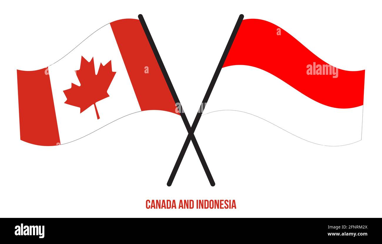 Canada e Indonesia Bandiere incrociate e ondulate in stile piatto. Proporzione ufficiale. Colori corretti. Illustrazione Vettoriale