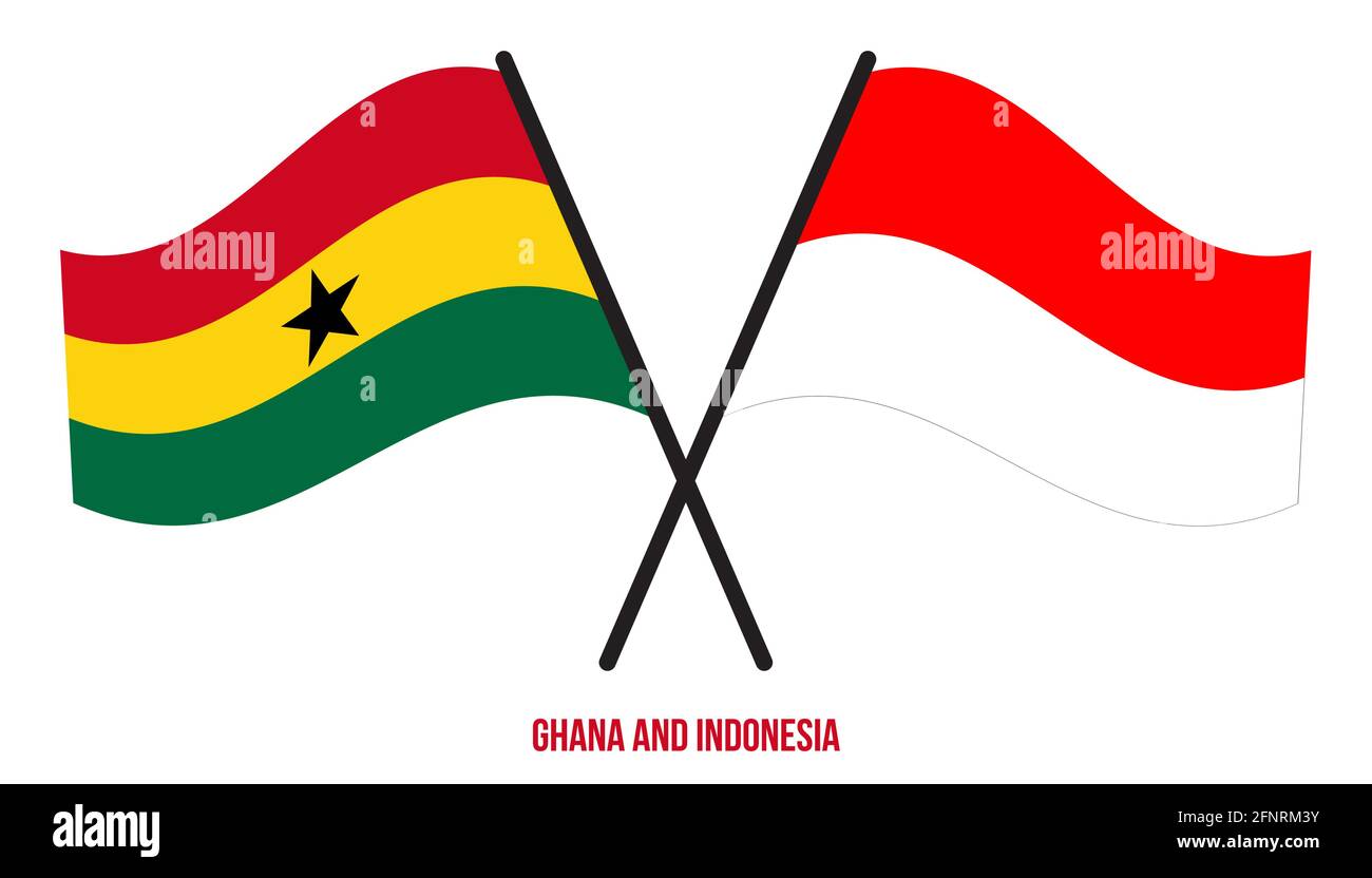 Ghana e Indonesia Bandiere incrociate e ondulate in stile piatto. Proporzione ufficiale. Colori corretti. Illustrazione Vettoriale