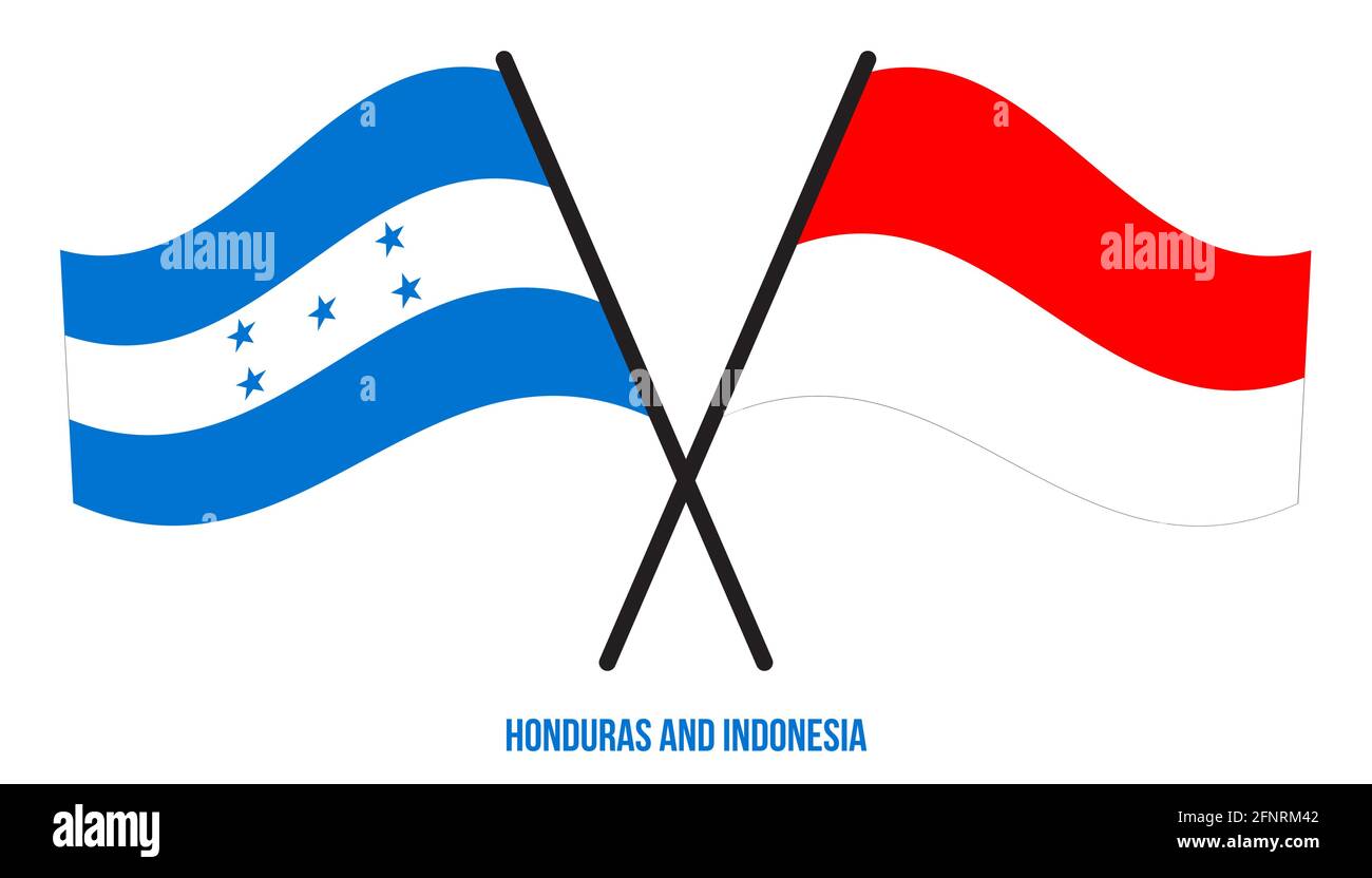 Honduras e Indonesia Bandiere incrociate e ondulate stile piatto. Proporzione ufficiale. Colori corretti. Illustrazione Vettoriale
