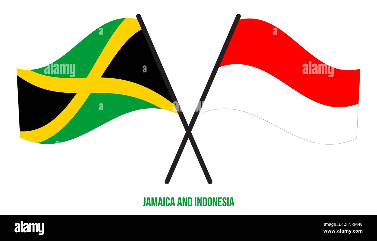 Jamaica e Indonesia Bandiere incrociate e ondeggianti stile piatto. Proporzione ufficiale. Colori corretti. Illustrazione Vettoriale