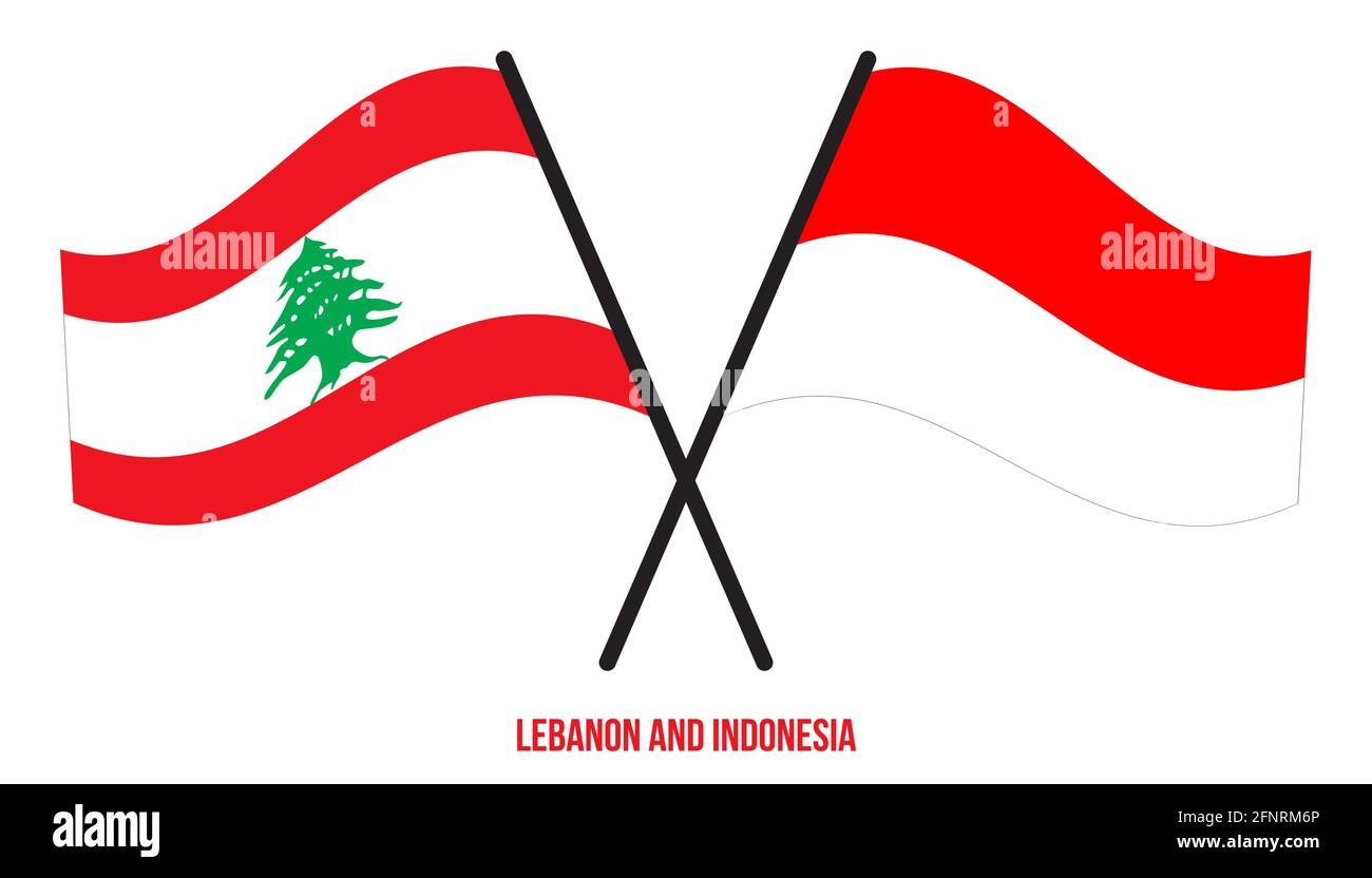 Libano e Indonesia Bandiere incrociate e ondeggianti stile piatto. Proporzione ufficiale. Colori corretti. Illustrazione Vettoriale