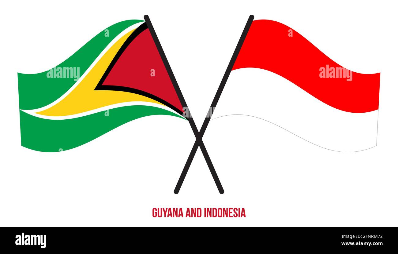 Guyana e Indonesia Bandiere incrociate e ondulate in stile piatto. Proporzione ufficiale. Colori corretti. Illustrazione Vettoriale