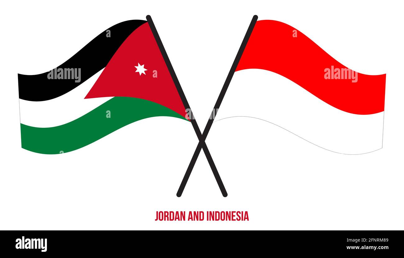 Jordan e Indonesia Bandiere incrociate e ondulate in stile piatto. Proporzione ufficiale. Colori corretti. Illustrazione Vettoriale