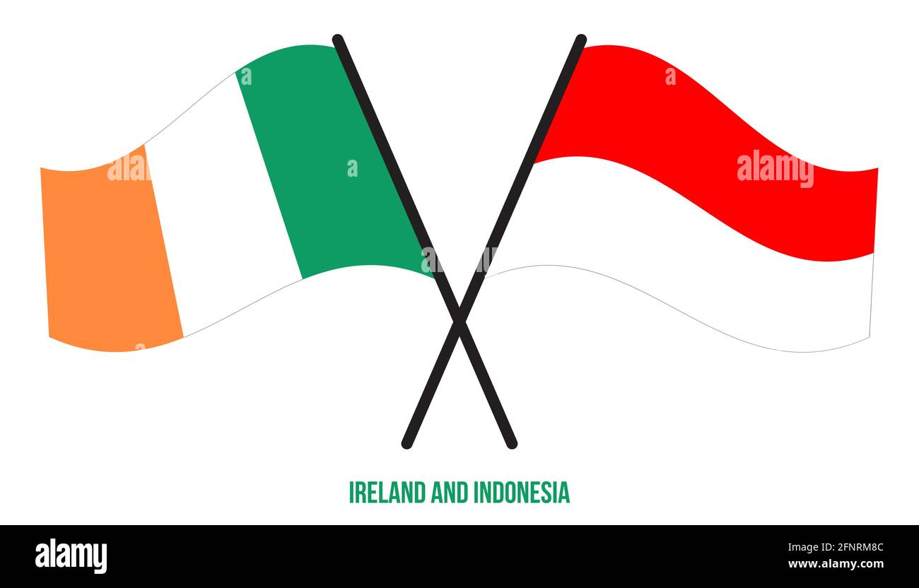 Irlanda e Indonesia Bandiere incrociate e ondulate stile piatto. Proporzione ufficiale. Colori corretti. Illustrazione Vettoriale