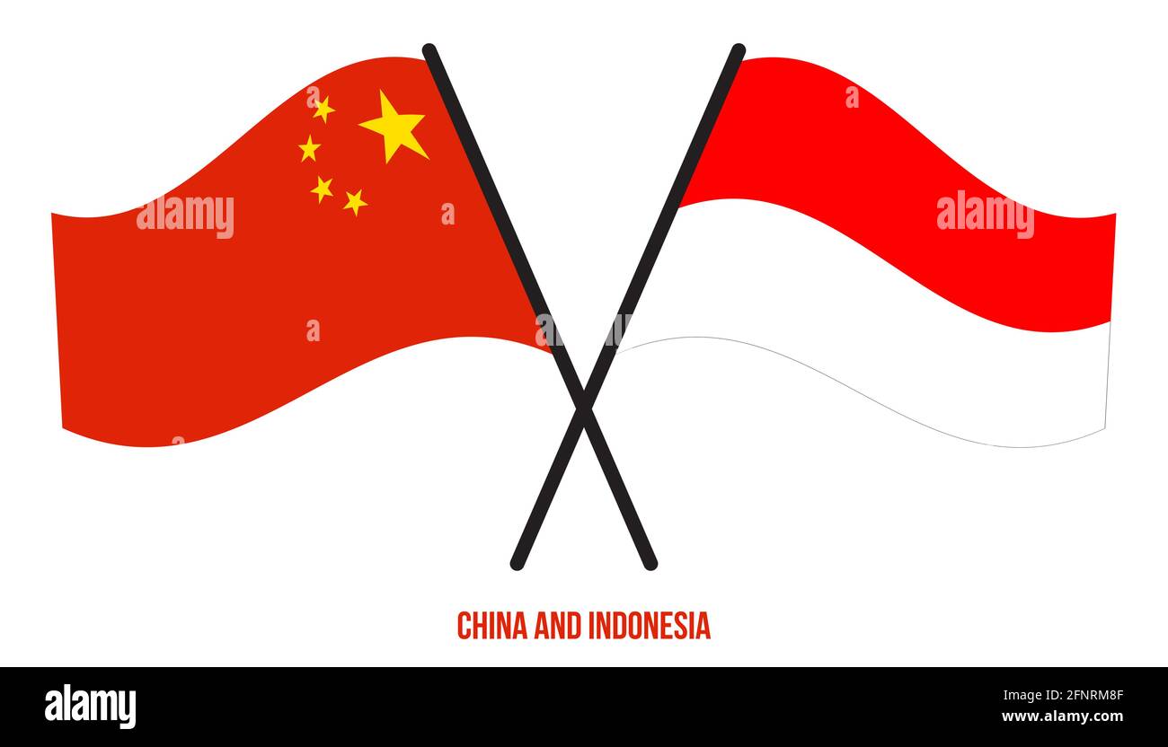 China e Indonesia Bandiere incrociate e ondulate in stile piatto. Proporzione ufficiale. Colori corretti. Illustrazione Vettoriale