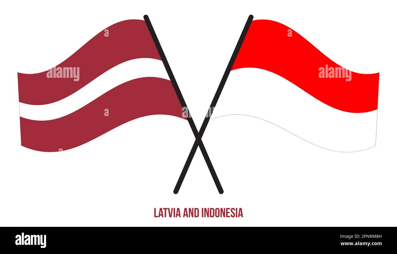Lettonia e Indonesia Bandiere incrociate e ondulate stile piatto. Proporzione ufficiale. Colori corretti. Illustrazione Vettoriale