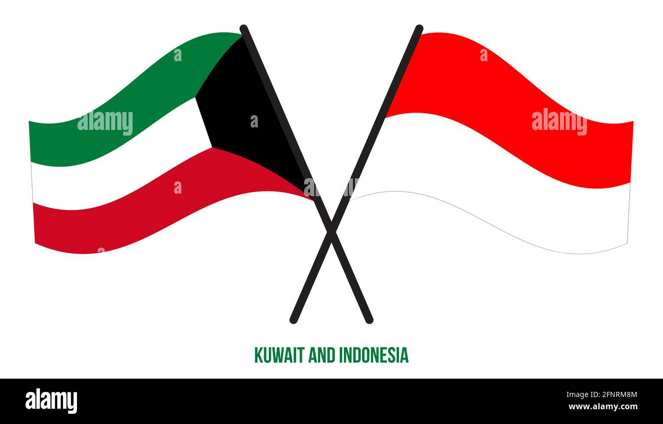 Kuwait e Indonesia Bandiere incrociate e ondulate in stile piatto. Proporzione ufficiale. Colori corretti. Illustrazione Vettoriale