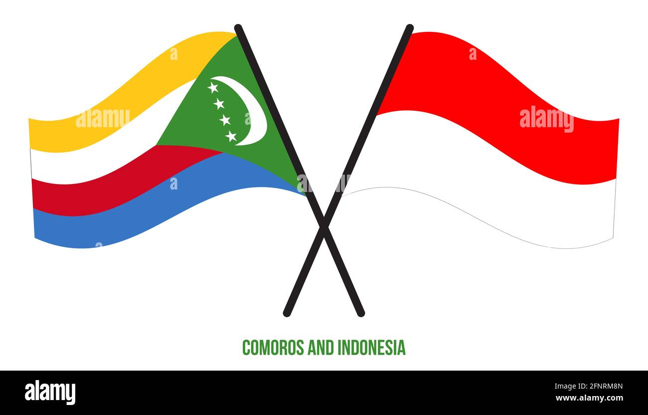 Comore e Indonesia Bandiere incrociate e ondulate stile piatto. Proporzione ufficiale. Colori corretti. Illustrazione Vettoriale