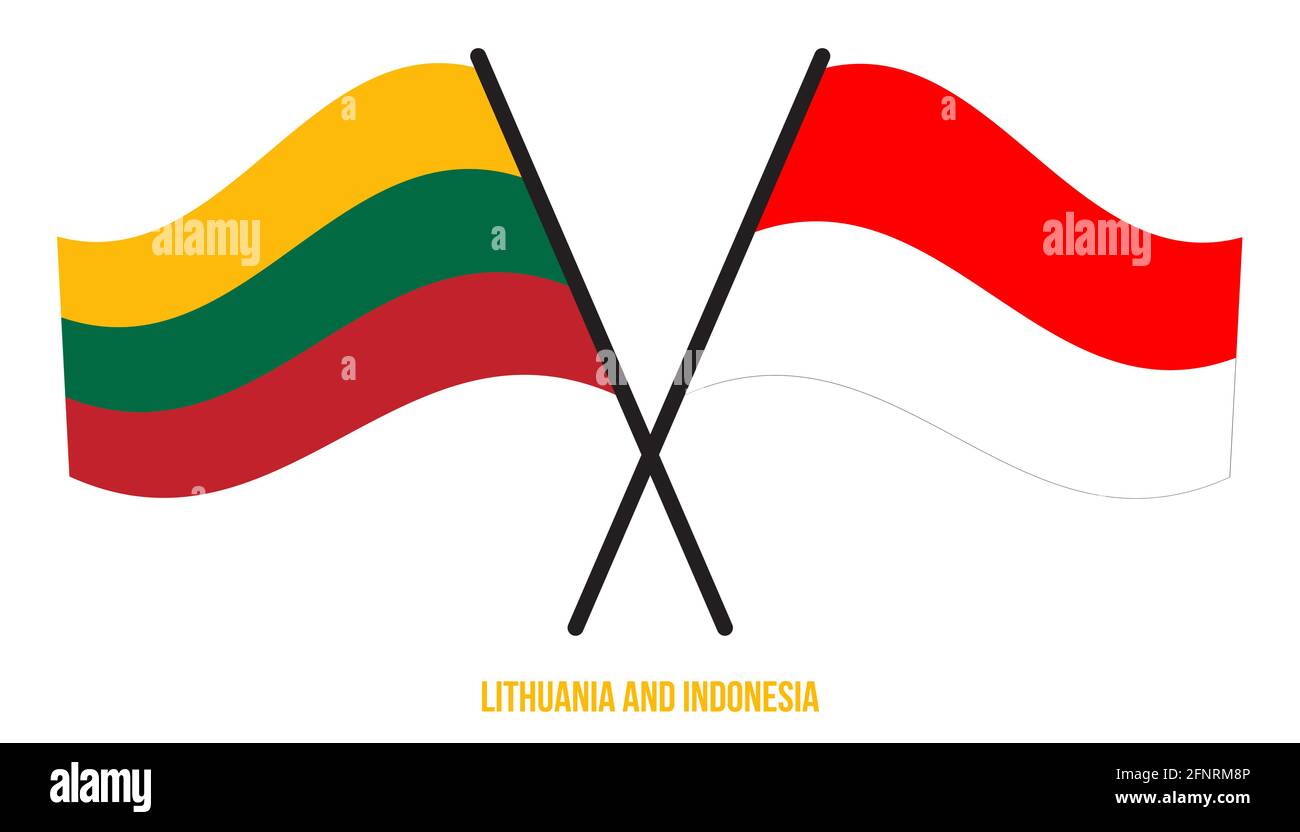 Lituania e Indonesia Bandiere incrociate e ondulate stile piatto. Proporzione ufficiale. Colori corretti. Illustrazione Vettoriale