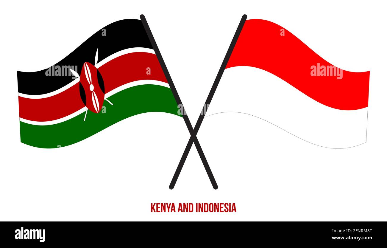 Kenya e Indonesia Bandiere incrociate e ondulate stile piatto. Proporzione ufficiale. Colori corretti. Illustrazione Vettoriale