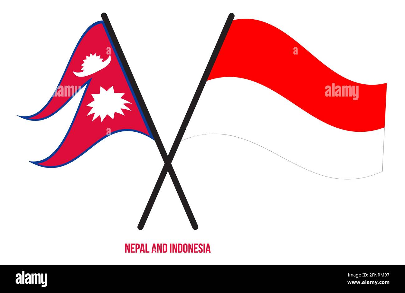 Nepal e Indonesia Bandiere incrociate e ondeggianti stile piatto. Proporzione ufficiale. Colori corretti. Illustrazione Vettoriale