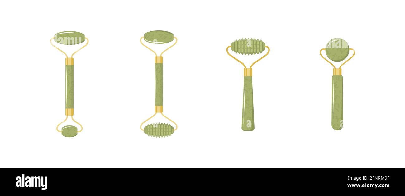 Rullo facciale Jade. Massaggio cinese gua sha. Collezione di pietre di nefrite verde naturale di forma diversa. Cura della pelle e routine mattutina. Vettore Illustrazione Vettoriale