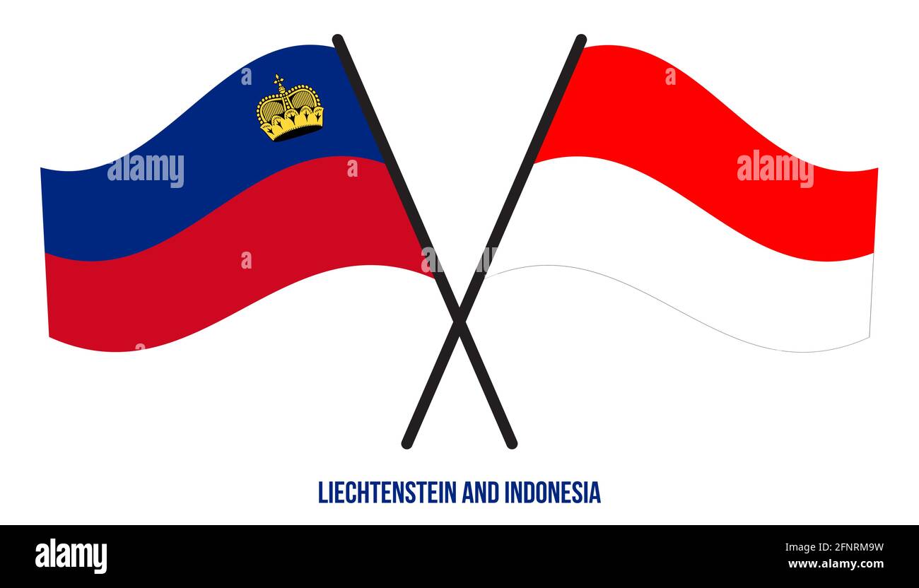 Liechtenstein e Indonesia Bandiere incrociate e ondulate stile piatto. Proporzione ufficiale. Colori corretti. Illustrazione Vettoriale