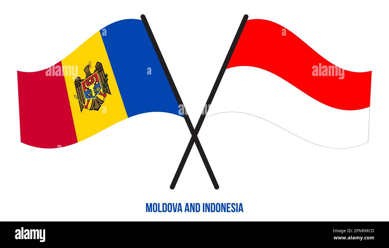 Moldavia e Indonesia Bandiere incrociate e ondulate in stile piatto. Proporzione ufficiale. Colori corretti. Illustrazione Vettoriale