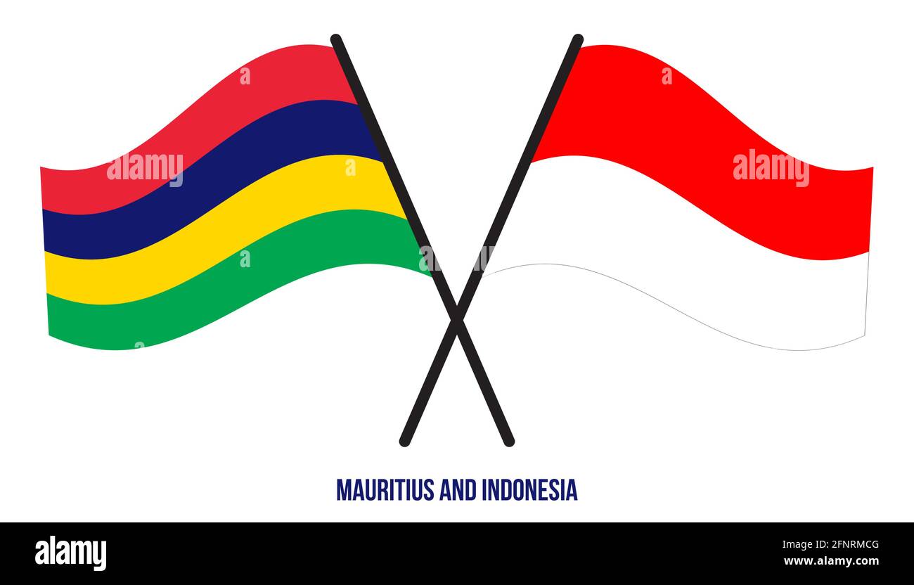 Mauritius e Indonesia Bandiere incrociate e ondulate in stile piatto. Proporzione ufficiale. Colori corretti. Illustrazione Vettoriale