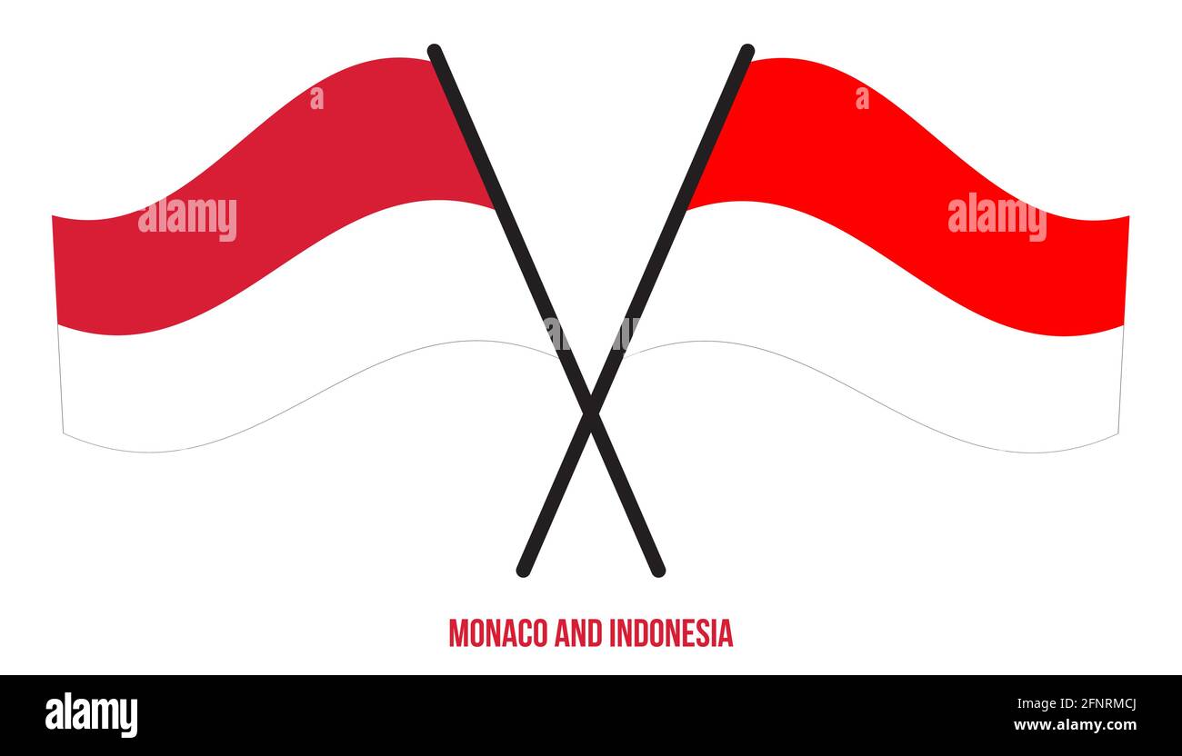 Monaco e Indonesia Bandiere incrociate e ondulate stile piatto. Proporzione ufficiale. Colori corretti. Illustrazione Vettoriale