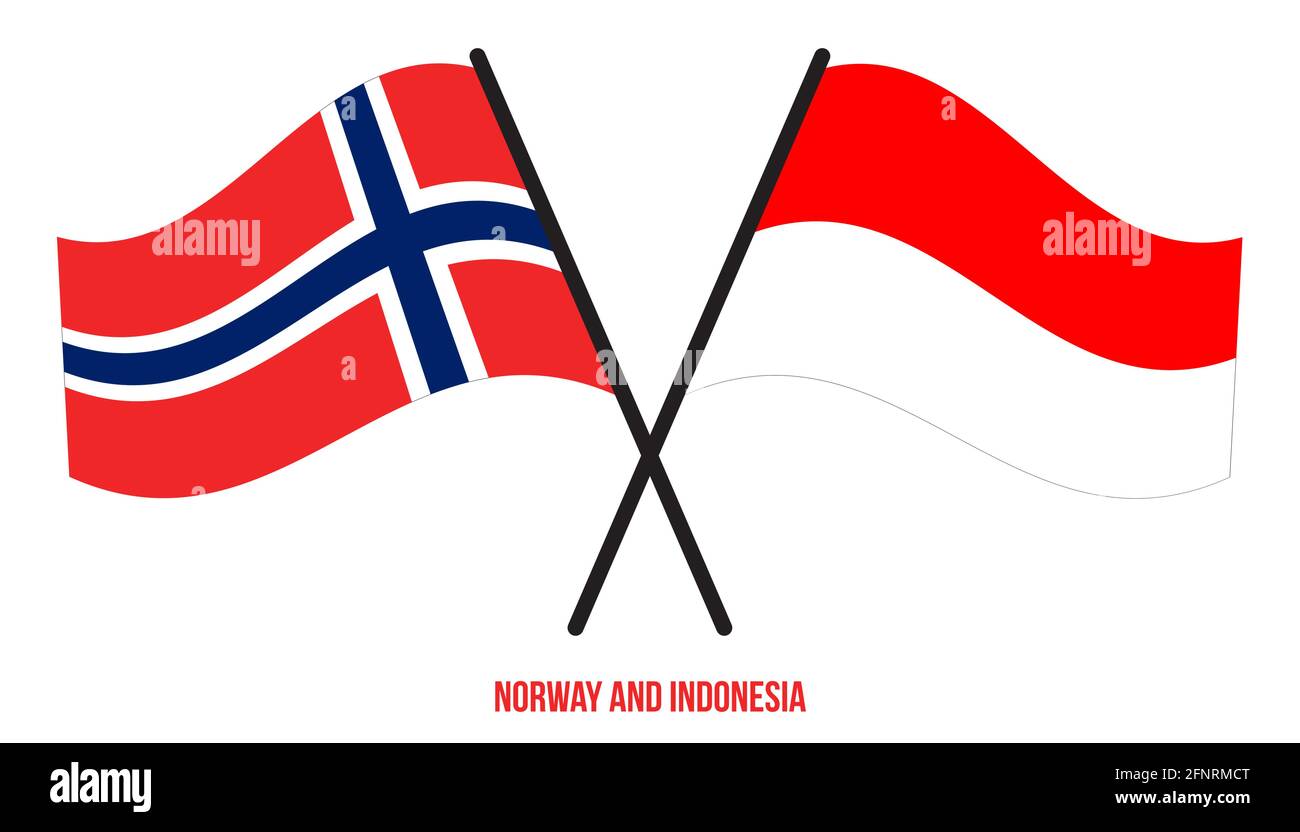 Norvegia e Indonesia Bandiere incrociate e ondulate in stile piatto. Proporzione ufficiale. Colori corretti. Illustrazione Vettoriale